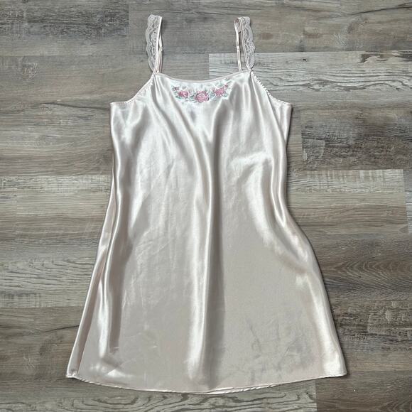 Pink Satin Slip Dress Blush Floral Embroidered Y2K Coquette - Picture 1 of 6